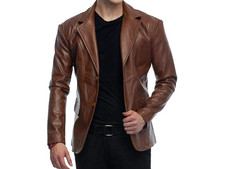 Men's Designer Brown Lambskin Leather Blazer Coat Slim Fit Smart Casual Jacket