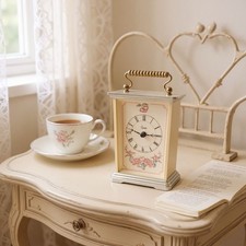 Vintage Carriage Clock Floral Cream Quartz Junghans Made In Germany Cottagecore