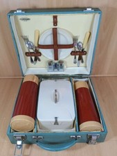 Vintage Sirram Brexton Picnic Hamper Case Set 2 Blue Thermos Flasks 60s Retro