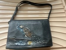 Lovely Antique Peacock Embossed Leather Handbag Inside Pockets/Mirror/Short Stra