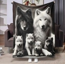 BLACK & WHITE WOLF FAMILY Fleece Blanket, Throw, Super Soft.