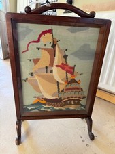 Vintage Carved Wooden Fire Guard Stand with Woollen Sailing Ship Tapestry - 27"