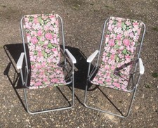 Vintage Folding Chair Set Pink Floral garden Sunbed  Retro camping VW camper 70s