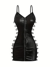 Women's Plus Size 20 PU Multi-Rope Hollow Front Open Zipper Strap Skirt Set, z2