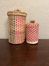 Hand Woven Straw/Bamboo Lidded Storage Decorative Baskets Set Of 2 Multicolor