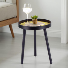 NEW Black Round Coffee Table With Cane Detail Table Top Sofa Living Room 