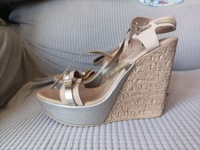 Faith Beige & Gold Stunning Wedge Leather Sandals Size 6, Brand New