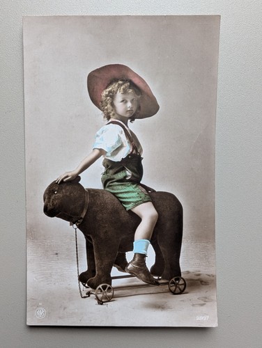 Old postcard children toy pull - old,