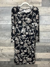 Kim & Co Midi Dress Size Small Black Grey Floral Twist Front Jersey Stretch 