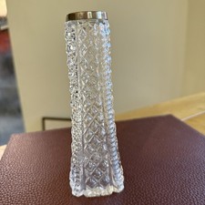 Antique Cut Glass Bud Vase with Silver Rim 17cm Tall