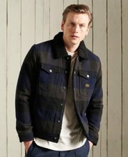 Superdry Highwayman Wool Sherpa Trucker Men's Jacket in Blue/Black Check-Size S