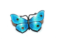  ART DECO GUILLOCHE ENAMEL ANTIQUE BUTTERFLY BROOCH TINY TUQUOISE BLUE 1939 JA&S