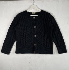 Carraig Donn Aran Knit Cardigan Womens M Black 100% Merino Wool Cable Sweater