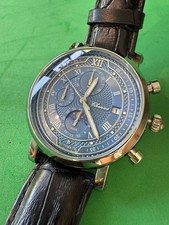 Men’s Watch Chronograph Vintage Style Blue Face Leather Silver Tone 
