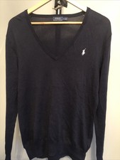 Womens Designer POLO RALPH LAUREN Navy  Pima Fine Knit Cotton V-Neck Jumper Sz M