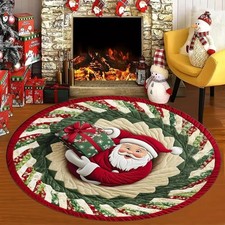 Christmas 3D Rug -Santa Claus Quilted & Gnome Quilted Round Mat Optical Illusion