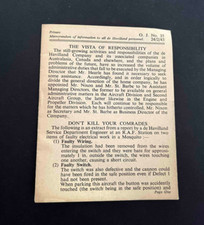 1943 WWII Memorandum of Information to de Havilland personnel - Immaculate
