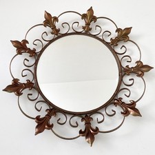 Vintage Round Wrought Iron Wall Mirror Scroll & Leaf Fleur De Lis 70s Bronze