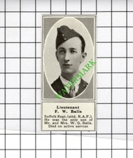 Lt F W Balls Suffolk Regiment  Great War WW1 - 1918 SMALL Cutting