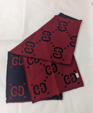 Authentic GUCCI Red & Navy GG Pattern Logo Wool Silk Scarf Made in Italy