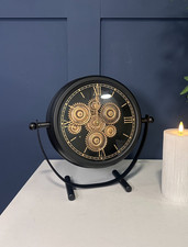 Modern Industrial Desk Clock with Rotating Gears – Black and Gold Finish