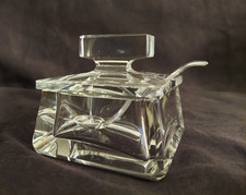 Rare Vintage Notched Art Deco Heavy Glass Jam Jar Sugar Bowl with Lid