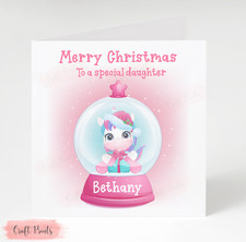 Handmade Personalised Unicorn Snow Globe Christmas Card Daughter Granddaughter