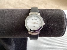 Skagen Ladies Freja Watch MOP Crystal Dial Black Leather Strap