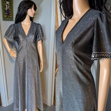 Vintage 70s Silver Glitter Flutter Sleeve Sequin Maxi Dress Party 10 12 38