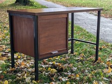 Vintage Mid Century Danish Style 70's Tambour Metal Teak Desk