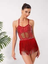 UK Women's Rhinestone Latin Tango Dance Leotard Dress Tassel Fringe Dancewear
