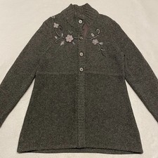 Tulchan Cardigan Womens Large Grey 100% lambswool Embroidered Jumper Floral