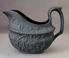 STAFFORDSHIRE BLACK BASALT MOULDED MILKMAID & COW SCENES CREAMER JUG C1810