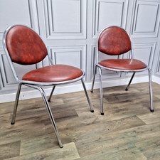 Pair 2 Vintage NESS Chrome Tube Stacking Faux Leather Chairs - Retro Mid-Century