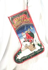 Vintage Large Happy Christmas Stocking Cotton Oilcloth By Sari Fabrics 22 X 15"