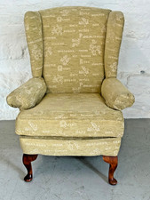 Vintage Wingback Armchair Green Upholstery Queen Anne Legs Lounge Fireside Chair