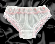 White Sissy Sheer Nylon Frilly Lace Soft Satin Bow Panties Knickers SIze 10-20