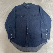 Wrangler Vintage Mens Long Tails Pearl Snap Western Denim Shirt Blue Size L USA