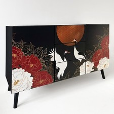 Small Black Sideboard with Drawers and Cupboards refinished with Oriental Design