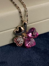 4 Leaf Clover In Gold Tone Metal Pink Hearts Neclace With 18kt Gold Plated Chain