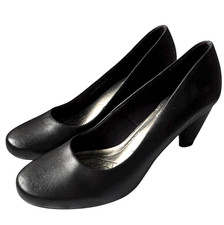 M&S Footglove Insolia Leather Court Shoes Wide Fit Black UK 5.5 Mid Block Heel