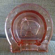 VINTAGE PINK PRESSED GLASS HORSESHOE ASHTRAY TRINKET DISH HORSE HEAD 1940'S