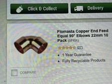 22 MM End Feed Copper Fitting 90 Degree Elbow, Heating, Plumbing, Pipe. X 12