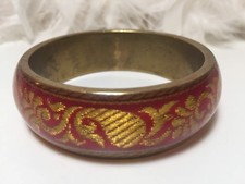 Brass bangle with pink & gold motif, Chunky pink and gold bangle, metal bangle