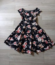 Pussycat London Black Floral Stretch Flared Dress Boho Retro Holiday Party UK8