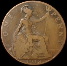 UK One Penny 1913 George V Bronze Coin WCA B74