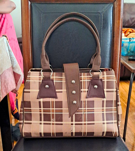 Brown beige plaid canvas top - beige,