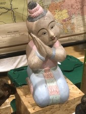 BEAUTIFUL Hand Carved & Painted Wooden Thai Kneeling Peaceful Calm Lady Child