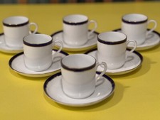 6 Antique Heathcote Bone China Coffee Cans Espresso Cups Blue and Gold Rim