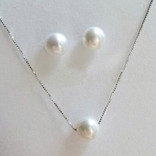 Freshwater Vintage White Pearl 925 Sterling Silver Chain Necklace Earrings Set
